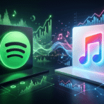 Spotify and Apple Music logos side by side with a music chart graphic showing trending songs in June 2026