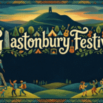 Aerial view of Glastonbury Festival's iconic Pyramid Stage at Worthy Farm in Pilton, Somerset, England.