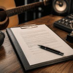 Artist reviewing a music contract highlighting key clauses such as royalties, rights, and ownership terms.